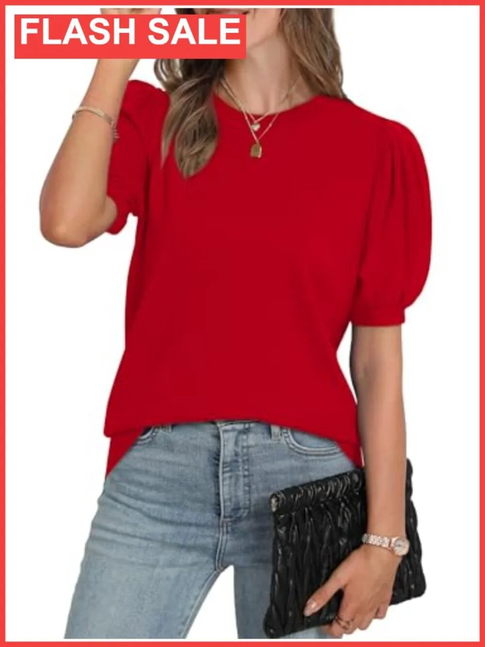 Womens Puff Short Sleeve Sweater Business Casual Work Blouse